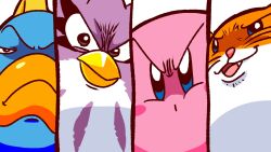 beak blush_stickers colored_skin coo_(kirby) fang fish frown highres kine_(kirby) kirby kirby&#039;s_dream_land_2 kirby_(series) looking_at_viewer nintendo no_humans pink_skin rick_(kirby) v-shaped_eyebrows yutakunatu