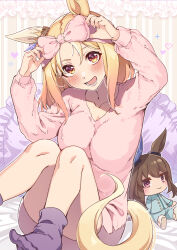 1girl :d absurdres animal_ears blonde_hair blush breasts brown_hair ear_covers hachiroku_(hatirokusann86) highres horse_ears horse_girl large_breasts long_hair long_sleeves looking_at_viewer narita_top_road_(umamusume) open_mouth pajamas purple_pillow purple_socks single_ear_cover sitting smile socks solo umamusume
