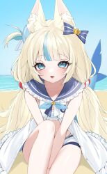 Rule 34 | 1girl, absurdres, animal ear fluff, animal ears, beach, bikini, blonde hair, blue eyes, blue hair, blue sky, bow, breasts, cat ears, dress, fang, fins, fish girl, fish tail, hair bow, highres, indie virtual youtuber, long hair, looking at viewer, low twintails, multicolored hair, nemuaki, ocean, open mouth, outdoors, sameko saba, sky, sleeveless, sleeveless dress, small breasts, smile, solo, streaked hair, striped bikini, striped bow, striped clothes, swimsuit, tail, twintails, very long hair, virtual youtuber, white dress