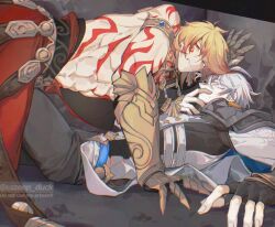 2boys antenna_hair arm_tattoo armlet black_coat black_gloves black_pants black_shirt blonde_hair blue_cape blue_eyes braid cape chest_tattoo clawed_gauntlets coat facial_tattoo fingerless_gloves gloves gradient_hair hair_between_eyes hashtag-only_commentary highres honkai:_star_rail honkai_(series) jewelry looking_at_another lying male_focus medium_hair multicolored_hair multiple_boys mydei_(honkai:_star_rail) on_back open_clothes open_coat pants phainon_(honkai:_star_rail) red_hair shirt side_braid single_glove sszeep_duck sweatdrop tattoo twitter_username watermark white_coat white_hair yaoi yellow_eyes
