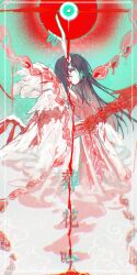 1boy black_eyes black_hair blood blood_drip blood_on_clothes blood_on_face blue_background burn_scar chinese_clothes chinese_text chromatic_aberration coat fur_collar glowing glowing_eye green_eyes hagoromo hanfu heterochromia highres hong_lu_(project_moon) impaled kalliope_orc limbus_company limited_palette long_hair male_focus polearm project_moon red_hanfu red_light red_sash sash scar shawl solo spear split_screen sun_halo tears_of_the_tarnished_blood_(e.g.o) upper_body very_long_hair weapon white_coat