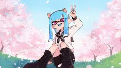 1girl animal_ear_hairband animal_ears black_boots black_neckerchief black_sailor_collar blue_hair boots cat_ear_hairband cat_ears cherry_blossoms commentary_request fake_animal_ears hairband highres inkling inkling_girl inkling_player_character long_hair looking_at_viewer neckerchief nintendo on_grass pink_eyes pointy_ears sailor_collar sailor_shirt shirt sitting smile solo splatoon_(series) splatoon_3 tentacle_hair v white_shirt yake_zake