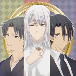 Rule 34 | adam&#039;s apple, akigure1, black hair, black kimono, black necktie, black suit, blinking, expressionless, eyelashes, formal clothes, frills, fruits basket, green background, grey eyes, grey hair, highres, japanese clothes, jewelry, kimono, lace, long bangs, long hair, long sleeves, looking at viewer, necktie, purple background, purple eyes, red background, ring, shirt, smile, smirk, sohma ayame, sohma hatori, sohma shigure, suit, teeth, twitter username, white hair, white shirt, yellow eyes