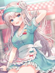 1girl :d apron arm_behind_head blue_dress blue_eyes blush bow breasts cleavage clothes_writing collarbone commentary_request cowboy_shot double_bun dress frilled_apron frilled_dress frills grey_hair hair_bow hair_bun long_hair looking_at_viewer open_mouth original red_bow serino_itsuki short_sleeves sitting smile solo waist_apron white_apron wrist_cuffs
