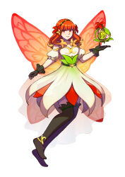 Rule 34 | 1girl, absurdres, alternate costume, black boots, black gloves, blunt bangs, boots, celica (fire emblem), dress, fairy, fairy wings, fire emblem, fire emblem echoes: shadows of valentia, fire emblem heroes, flower, flower ornament, gloves, hair flower, hair ornament, highres, long hair, multicolored dress, nintendo, princess, red eyes, red hair, simple background, thigh boots, tiara, toast (oreocorio), wings