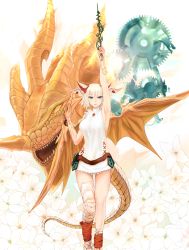 Rule 34 | 1girl, absurdres, arm up, armpits, belt, blonde hair, blue eyes, dragon, dragon girl, dragon horns, dragon tail, dress, female focus, flower, gears, hair ribbon, highres, horns, md5 mismatch, myr (p&amp;d), puzzle &amp; dragons, resolution mismatch, ribbon, rigani, scales, short hair, solo, source smaller, tail, wand