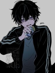 1boy black_hair black_jacket bottle clenched_teeth cross cross_earrings ear_piercing earrings grey_background grey_sleeves hair_between_eyes highres holding holding_bottle jacket jewelry looking_at_viewer male_focus open_mouth original piercing pill_bottle purple_eyes rip2 short_hair simple_background solo teeth track_jacket upper_body