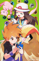 Rule 34 | 1boy, 1girl, :d, absurdres, bird, black shirt, blue oak, brown eyes, brown hair, bucket hat, closed eyes, closed mouth, collared shirt, commentary request, dokosa hekisa, gen 1 pokemon, gen 4 pokemon, green background, hair flaps, hands up, hat, highres, holding, holding phone, leaf (pokemon), legendary pokemon, mew (pokemon), mythical pokemon, nintendo, open mouth, pants, phone, pidgeot, pokemon, pokemon (creature), pokemon frlg, pokemon tcg, pokemon tcg pocket, rotom, rotom phone, shirt, short hair, sidelocks, smile, spiked hair, strap, white hat, wing hug, wings, wristband