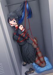 1girl absurdres arms_behind_back ball_gag black_hair black_pantyhose blazer blue_eyes blue_hair breasts collared_shirt drooling full_body gag gagged highres hogtie in_locker jacket locker long_hair looking_at_viewer medium_breasts multicolored_hair original pantyhose pleated_skirt restrained shibari shibari_over_clothes shirt shoes skindentation skirt solo suspension t_zhonglang very_long_hair white_shirt