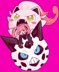 Rule 34 | 1girl, blush, blush stickers, commentary request, coral (pokemon), corrupted twitter file, fang, fangs, gen 3 pokemon, glalie, highres, long sleeves, looking at viewer, nintendo, onigiri umasio, open mouth, pink background, pink hair, pokemon, pokemon (anime), pokemon (creature), pokemon horizons, scream tail, simple background, sleeves past fingers, sleeves past wrists, twintails, yellow eyes