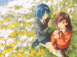 1boy 1girl aged_down black_jacket black_shoes blue_eyes blue_hair brown_hair brown_shoes closed_mouth collared_shirt field flower grass hair_between_eyes hair_over_one_eye head_wreath highres holding jacket long_sleeves necktie on_ground open_mouth outdoors persona persona_3 persona_3_portable red_eyes red_flower red_necktie shiomi_kotone shirt shoes sitting socks songbingchu white_shirt white_socks yellow_flower yuuki_makoto_(persona_3)