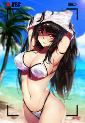 1girl armpits arms_behind_head arms_up bare_shoulders bba1985 beach bikini black_hair blue_sky blunt_bangs blurry blush breasts cleavage clothes_lift cloud covered_erect_nipples cowboy_shot curvy day depth_of_field female_focus front-tie_top head_tilt highleg highleg_bikini highres large_breasts lips long_hair looking_at_viewer mole mole_under_eye navel ocean original outdoors palm_tree parted_lips recording red_eyes sand see-through_clothes shell shiny_skin shirt shirt_lift shore sky smile solo standing starfish stomach summer sweat swimsuit tree undressing viewfinder water water_drop wet wet_clothes wet_shirt white_bikini white_shirt wide_hips
