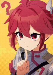 1girl ? belt black_belt bow buttons closed_mouth commentary double-breasted fin_gocco grey_jacket hair_between_eyes hair_bow hand_on_own_chin hand_up highres index_finger_raised jacket kasane_teto kasane_teto_(sv) layered_sleeves red_eyes red_hair red_trim shoulder_belt shoulder_boards solo striped_clothes striped_jacket symbol-only_commentary synthesizer_v upper_body utau white_bow