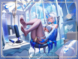1girl ass blue_gloves blue_hair blue_horns breasts building clothing_cutout cloud cloudy_sky crosscore dk.senie food gloves green_eyes highres horns indoors large_breasts long_hair long_sleeves looking_at_viewer melting_popsicle microphone o-ring o-ring_thigh_strap pantyhose popsicle purple_pantyhose sexually_suggestive sideboob sky skyscraper solo suggestive_fluid thigh_strap underboob underboob_cutout very_long_hair window