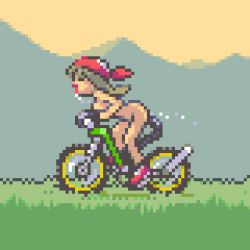 1girl bandana bicycle bike_dildo breasts brown_hair day dildo dildo_riding dildo_saddle drooling female_focus female_masturbation from_side full_body grass happy_sex hat leaning_forward long_hair masturbation may_(pokemon) mountainous_horizon nintendo nude open_mouth outdoors pixel_art pokemon pokemon_rse retro_artstyle riding riding_bicycle saiwai_hiroshi saliva sex_toy sky solo