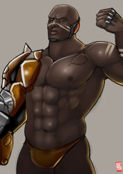 1boy 2017 abs bara bodypaint bulge covered_erect_nipples cybernetic dark-skinned_male dark_skin doctor_anfelo facepaint flexing highres male_focus male_swimwear mechanical_arms muscular muscular_male nipples overwatch signature simple_background single_mechanical_arm yellow_male_swimwear
