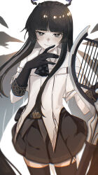 Rule 34 | 1girl, absurdres, arknights, black gloves, black hair, black skirt, black thighhighs, black wings, blush, closed mouth, collared shirt, cowboy shot, detached wings, elbow gloves, gloves, grey eyes, halo, highres, instrument, layered sleeves, long hair, long sleeves, looking at viewer, lyre, naruse azusa, pleated skirt, shirt, short over long sleeves, short sleeves, simple background, skirt, smile, solo, standing, thighhighs, very long hair, virtuosa (arknights), white background, white shirt, wings