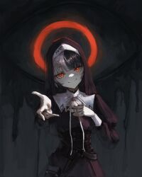 1girl black_corset black_hair closed_mouth commentary corset english_commentary halo highres hololive hololive_english looking_at_viewer multicolored_hair nun outstretched_arm reaching reaching_towards_viewer red_eyes red_halo ribbon shiori_novella smile solo split-color_hair tablicoart two-tone_hair virtual_youtuber white_hair white_ribbon