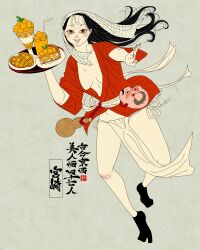 1girl absurdres artist_logo black_hair black_socks cake center_opening drinking_straw food fruit full_body glass highres holding holding_tray japanese_clothes kimono logo long_hair looking_at_viewer mango mask miyazaki_prefecture original pelvic_curtain plate red_kimono sei5osuzuki smile socks solo tabi tray