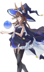 1girl absurdres amiya_(arknights) amiya_(medic)_(arknights) amiya_(medic)_(solo_around_the_world)_(arknights) animal_ear_fluff animal_ears arknights black_cape black_dress black_gloves black_hat black_pantyhose blue_eyes braid brown_hair cape commentary_request dress eareay ears_through_headwear frilled_dress frills gloves hair_between_eyes half_gloves hat highres long_hair orb pantyhose rabbit_ears simple_background single_glove solo strapless strapless_dress very_long_hair white_background witch_hat