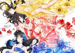 2017 3girls artist_name black_hair blue_dress blue_flower bracelet closed_eyes cover cover_page dress english_text flower glass_slipper hair_flower hair_ornament jewelry long_hair lying multiple_girls naked_ribbon no_bra no_panties on_back on_side original red_dress red_flower red_footwear ribbon rose see-through_clothes shoes sunflower toe_cleavage umishima_senbon yellow_dress yellow_flower yellow_rose yellow_shoes