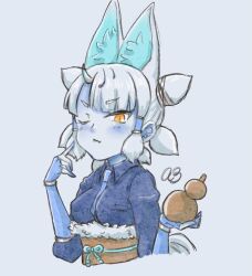 1girl angel22754799 animal_ears belt blue_gloves blue_necktie blue_shirt blue_skin blush bracelet brown_belt collared_shirt colored_skin elbow_gloves extra_ears fingerless_gloves fox_ears fox_girl fox_tail fur_trim ginkaku_(kemono_friends) gloves gourd hair_tubes highres horns jewelry kemono_friends kemono_friends_3 long_sleeves looking_at_viewer necktie one_eye_closed orange_eyes puffy_sleeves quad_tails shirt short_hair short_twintails sidelocks single_horn solo tail twintails white_fur white_hair
