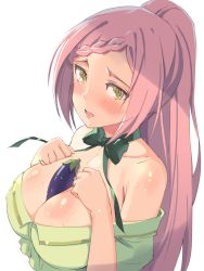 10s 1girl bare_shoulders between_breasts blush breasts female_focus food green_eyes highres jpeg_artifacts large_breasts long_hair looking_at_viewer michairu no-rin open_mouth ponytail red_hair sexually_suggestive shiny_skin simple_background solo sweat white_background yoshida_kochou