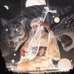 1girl animal brown_kimono closed_eyes closed_mouth commentary floral_print giant giantess guweiz highres holding holding_instrument instrument instrument_request japanese_clothes kimono long_sleeves night night_sky obi original outdoors print_kimono sash seiza sitting sky solo star_(sky) starry_sky symbol-only_commentary tiger torii white_tiger wide_sleeves