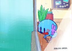 animal_focus artist_name blue_skin character_doll colored_skin commentary_request dark_skin dated doll gen_2_pokemon highres looking_outside nintendo no_humans paldean_wooper plant pokemon pokemon_(creature) potted_plant rain saba_hokke star_(symbol) window wooper