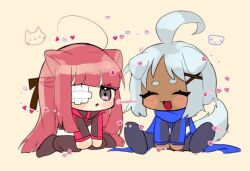 2girls ahoge animal_ears aya_(project_moon) black_bow black_jacket black_pants blue_scarf bow cat_ears cat_girl chibi closed_eyes dark-skinned_female dark_skin dog_girl dog_tail full_body gauze gauze_over_eye grey_eyes hair_bow heart jacket limbus_company long_hair long_sleeves looking_at_another multiple_girls nantekottawo!! open_mouth pants pink_hair project_moon scarf short_hair sidelocks simple_background tail very_long_hair white_hair yellow_background yuri_(project_moon)