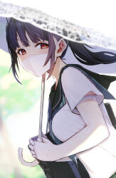 Rule 34 | 1girl, bag, black hair, black sailor collar, blue neckerchief, blurry, blurry background, blurry foreground, blush, breasts, day, depth of field, elbow gloves, from side, gloves, highres, holding, holding umbrella, lace-trimmed umbrella, long hair, looking at viewer, looking to the side, mask, medium breasts, meth (emethmeth), mouth mask, neckerchief, original, outdoors, red eyes, sailor collar, school bag, school uniform, serafuku, shirt, short sleeves, solo, umbrella, upper body, white gloves, white shirt