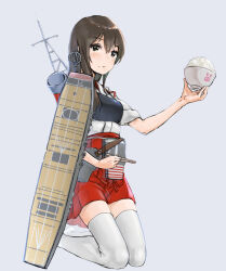 1girl absurdres akagi_(kancolle) bowl breasts brown_eyes brown_hair chopsticks flight_deck food food_on_face grey_background hair_between_eyes hakama hakama_skirt highres holding holding_bowl holding_chopsticks japanese_clothes kangoku_kou kantai_collection kimono kneeling long_hair looking_at_viewer muneate quiver red_hakama rice rice_bowl rice_on_face rigging simple_background skirt solo tasuki thighhighs white_kimono white_thighhighs