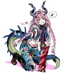 1girl animal_hands between_legs blood blood_on_hands bloody_weapon blue_scales boots braid charm_(object) commentary crop_top denim dragon_girl dragon_horns dragon_tail full_body fusuma_(nohbrk) green_eyes highres holding holding_weapon horns jeans kneeling licking_lips long_hair looking_to_the_side midriff original pants pink_hair pointy_ears simple_background solo symbol-only_commentary tail tail_between_legs tongue tongue_out torn_clothes torn_jeans torn_pants twin_braids very_long_hair weapon white_background