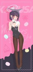 1girl absurdres animal_ears arm_behind_back bare_arms bare_shoulders black_bow black_bowtie black_leotard black_pantyhose black_shoes blue_archive blunt_ends blush bow bowtie breasts cat_ears cat_girl cleavage colored_inner_animal_ears colored_inner_hair covered_navel detached_collar erierica_(erica) extra_ears hair_between_eyes highres kazusa_(blue_archive) leotard long_legs looking_at_viewer medium_hair multicolored_hair open_mouth pantyhose pink_eyes shoes sidelocks two-tone_hair wrist_cuffs