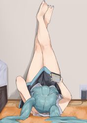 1girl aqua_hair arm_behind_head bare_arms bare_legs barefoot black_skirt cellphone charger commentary crossed_ankles fingernails grey_shirt hatsune_miku highres holding holding_phone indoors long_hair lying nail_polish on_back on_floor phone pocche-ex shirt skirt sleeveless sleeveless_shirt solo toenail_polish toenails twintails vocaloid