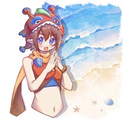 1girl :d bad_link bare_shoulders beach blue_eyes blush bracelet brown_hair cropped_torso fish_hat hair_between_eyes hat highres jewelry lele_(roco_kingdom:world) looking_at_viewer navel open_mouth pointy_ears purple_eyes roco_kingdom roco_kingdom:world scarf seashell shell short_hair smile solo starfish swimsuit upper_body v-shaped_eyebrows water waving yingjun_dadilei