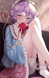 1girl absurdres bad_anatomy bad_proportions bare_legs bloomers blouse blue_shirt bobby_socks closed_mouth commentary eyeball floral_print foot_out_of_frame frilled_shirt_collar frills hairband hands_up heart heart_of_string highres indoors knees_up komeiji_satori long_sleeves looking_to_the_side messy_hair nail_polish petticoat pink_nails pink_skirt purple_eyes purple_hair pygrenix shirt short_hair sitting skirt smile socks solo third_eye touhou underwear wide_sleeves