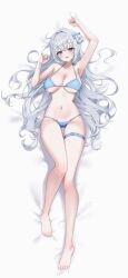 1girl absurdres arm_up armpits bare_legs bare_shoulders barefoot bed_sheet bikini blue_bikini blue_eyes bow breasts cleavage commentary_request commission dakimakura_(medium) feet hair_bow hair_bun hair_spread_out halterneck hand_up harin_(byeolbich) highres korean_commentary large_breasts long_hair looking_at_viewer lying navel on_back open_mouth original second-party_source simple_background single_side_bun smile solo soymilk_arts2 stomach strap_gap string_bikini swimsuit thigh_gap thigh_strap toes very_long_hair wet white_background white_hair