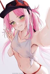1girl baseball_cap black_hat blush breasts closed_mouth collarbone commentary english_commentary green_eyes hat horned_hat highres honkai:_star_rail honkai_(series) horns kana_yukino long_hair looking_at_viewer multicolored_hair navel panties pink_hair rappa_(honkai:_star_rail) red_horns red_panties shirt small_breasts smile solo stomach streaked_hair sweat tied_shirt underwear v very_long_hair white_shirt