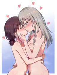 Rule 34 | 2girls, absurdres, blue background, breasts, brown hair, chinese commentary, cleavage, closed eyes, commentary request, completely nude, fireknight444777, girls band cry, gradient background, grey eyes, grey hair, hand on another&#039;s face, hand on another&#039;s waist, hands on another&#039;s waist, heart, highres, iseri nina, kawaragi momoka, kiss, long hair, looking at another, medium breasts, multicolored hair, multiple girls, nude, roots (hair), short twintails, twintails, white background, yuri