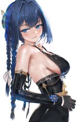 1girl absurdres advarcher alternate_costume blue_eyes blue_hair braid breasts elbow_gloves gloves hair_bun hair_intakes hair_ornament hair_stick highres hololive hololive_english large_breasts long_hair ouro_kronii sideboob simple_background solo twin_braids virtual_youtuber white_background