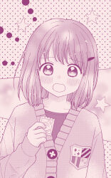 1girl blush cardigan commentary_request condom emblem highres holding holding_condom looking_at_viewer monochrome open_mouth original parody pink_theme rustle short_hair solo style_parody upper_body