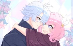 Rule 34 | 1boy, 1girl, ahoge, alternate costume, artist name, blue eyes, blue kimono, commentary, cyrene (honkai: star rail), floral background, hair ornament, hetero, highres, honkai: star rail, honkai (series), hug, japanese clothes, kimono, looking at another, open mouth, phainon (honkai: star rail), pink hair, purple kimono, rincchu, short hair, smile, symbol-only commentary, upper body, white hair