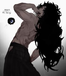 1boy black_hair black_hakama black_nails black_tongue blood blood_on_face blood_on_hands blue_eyes commentary cowboy_shot creature english_commentary extra_eyes fingernails from_behind gradient_background grey_background hakama hand_up highres hip_vent homicipher japanese_clothes licking_own_finger long_hair looking_at_viewer looking_back male_focus original sharp_fingernails solo third_eye toned toned_male tongue tongue_out topless_male xsaff1104