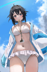 1girl absurdres ahoge arknights ball bare_shoulders beachball between_breasts bikini black_hair blue_sky blush breasts cleavage cloud commentary cowboy_shot day frilled_bikini frills from_below grey_eyes hair_ornament hairclip halterneck highres id_card jacket la_pluma_(arknights) la_pluma_(summer_flowers)_(arknights) lanyard legs_apart looking_at_viewer medium_breasts messy_hair moji_(m_0j_4) mouth_hold navel off_shoulder official_alternate_costume open_clothes outdoors short_hair sky solo swimsuit thigh_gap whistle white_bikini white_jacket wing_hair_ornament