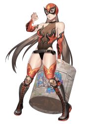 Rule 34 | 1girl, absurdres, alternate costume, barrel, belt, black leotard, boots, breasts, brown eyes, brown hair, bustier, choker, commentary, commission, detached sleeves, english commentary, flame print, full body, hanny (uirusu chan), highres, jaycee (tekken), julia chang, knee boots, knee pads, lace-up boots, leotard, long hair, loose belt, luchador, luchador mask, medium breasts, namco, puckered lips, red thighhighs, see-through clothes, see-through leotard, skindentation, skull print, solo, spiked choker, spikes, split ponytail, tekken, tekken tag tournament 2, thighhighs, thighs, thumbs down, toned, very long hair, white background, wrestling mask, wrestling outfit