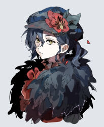 1boy absurdres beret black_hair black_hat edgar_valden edgar_valden_(multicolor_printing) feathers flower hat highres identity_v ponytail red_flower sinzourrrrr trap yellow_eyes