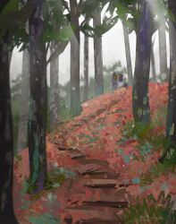 Rule 34 | 2others, autumn, blurry, brown hair, bush, depth of field, forest, full body, grey hoodie, hood, hood down, hoodie, lens flare, light particles, multiple others, nature, original, painterly, scenery, standing, talking, wooden stairs, zandra