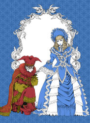 Rule 34 | 2boys, blonde hair, blue bonnet, blue dress, blue hat, blue lips, bonnet, character request, collar, crossdressing, dress, frilled dress, frills, gothic lolita, hat, highres, jester, jester cap, kneeling, lolita fashion, looking down, male focus, mana (malice mizer), multiple boys, nazuki, real life, red collar, trap