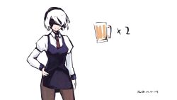 2b_(nier:automata) absurdres alcohol beer black_hairband black_pantyhose blindfold collared_shirt cosplay dated hairband hand_on_own_hip highres jill_stingray jill_stingray_(cosplay) knee_up long_sleeves nier:automata nier_(series) pantyhose pun purple_skirt purple_vest rnna shirt short_hair signature skirt va-11_hall-a vest white_hair white_shirt